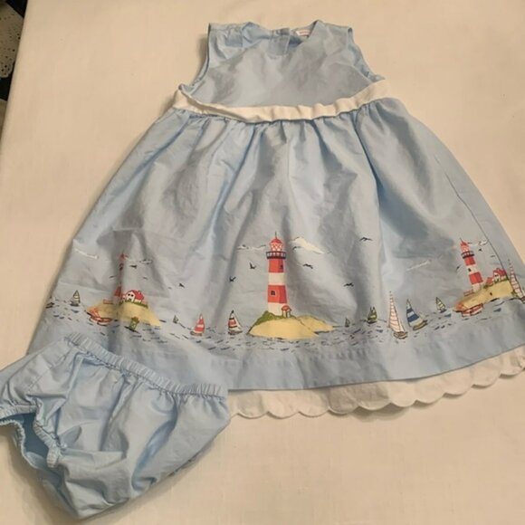 Janie & Jack Baby Blue Lighthouse/Sailboat Dress w/ Bloomers. Size 12 - 18 - Picture 1 of 12